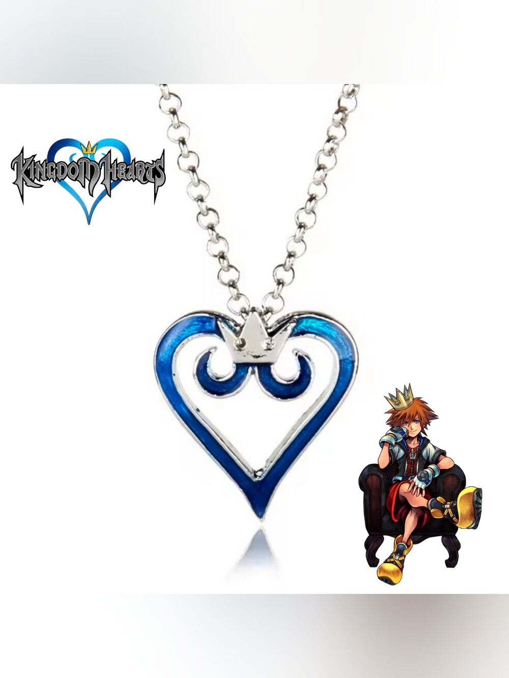Kingdom Hearts Blue Heart & Crown Silver Tone Necklace
